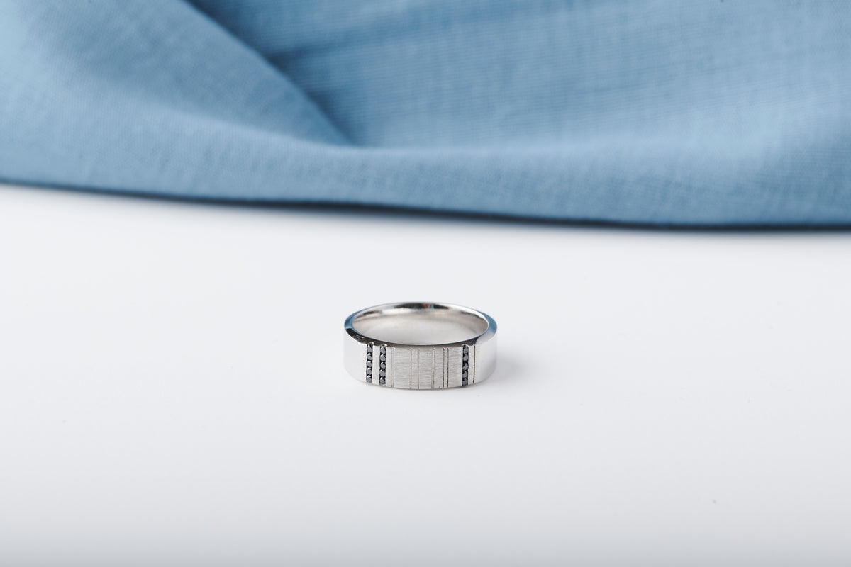 White Gold and Black Diamond Stripe Band