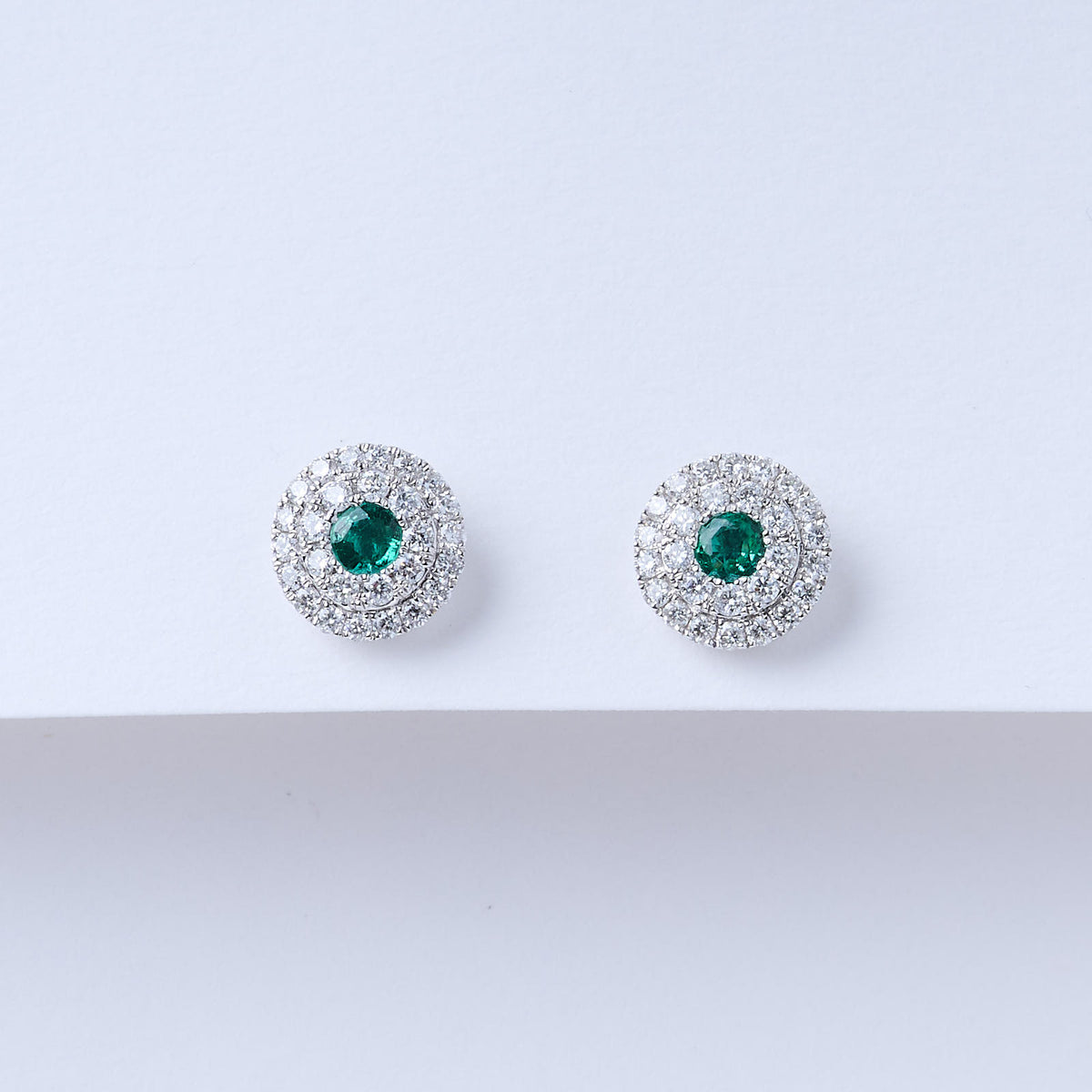 Double Halo Emerald Stud Earrings