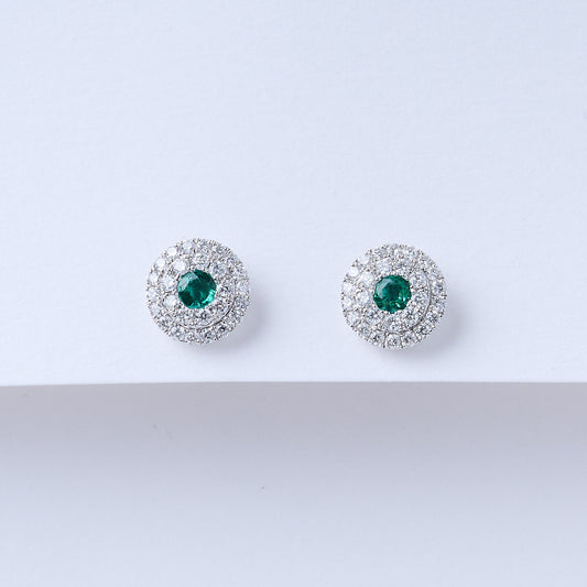 Double Halo Emerald Stud Earrings