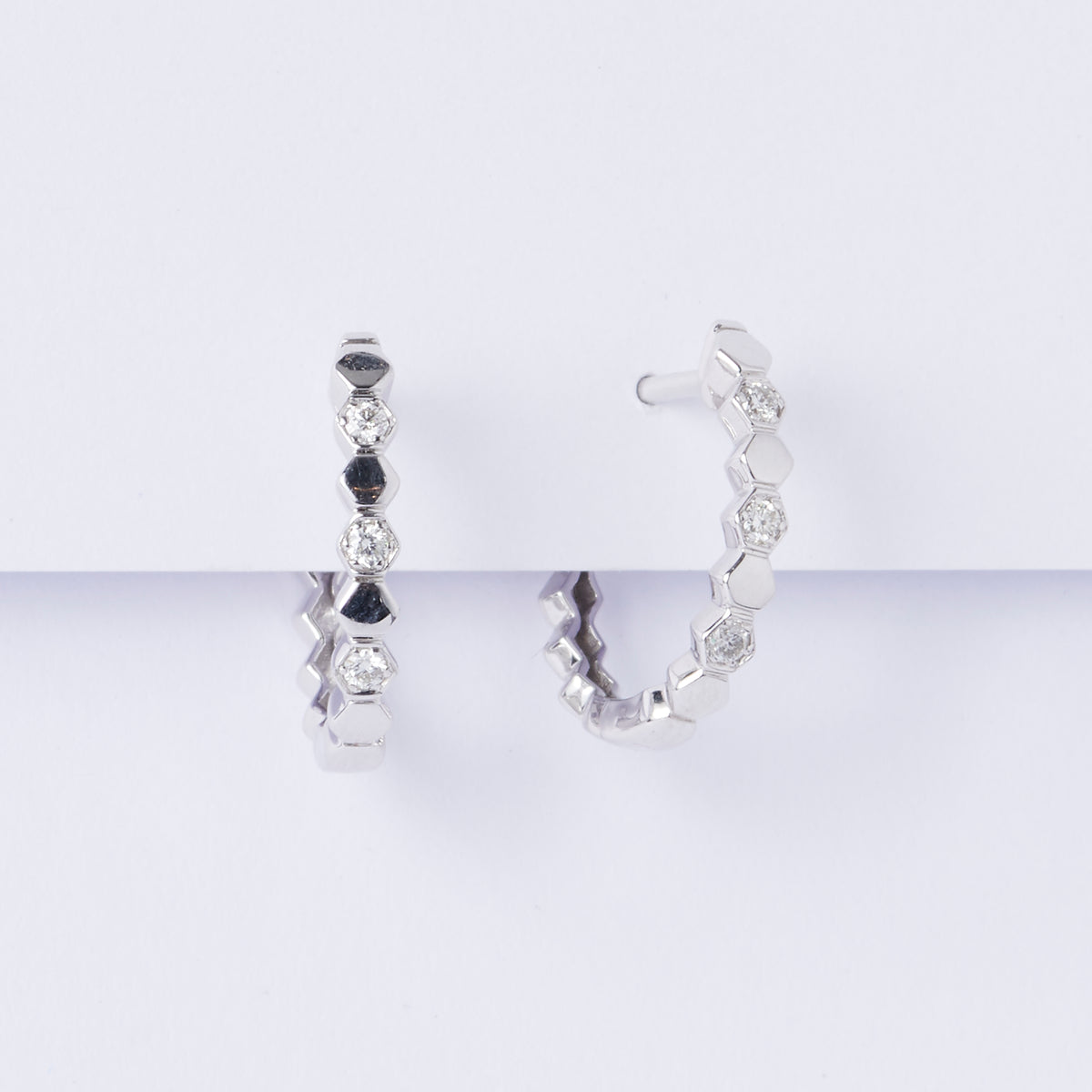 Hexagonal Diamond Huggie Earrings