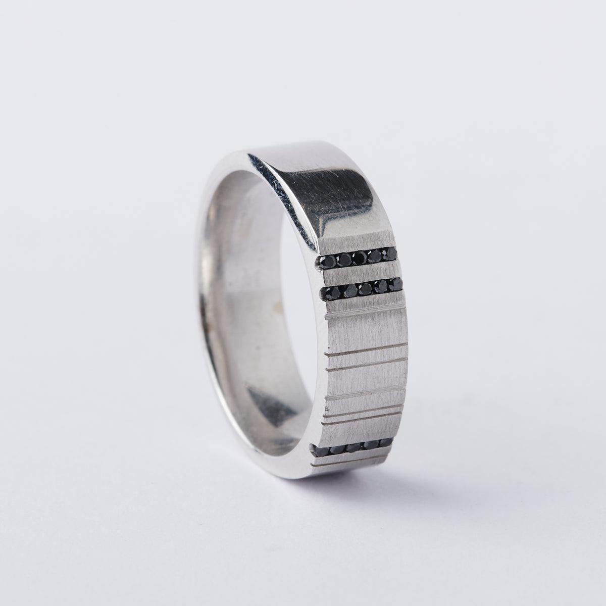 White Gold and Black Diamond Stripe Band
