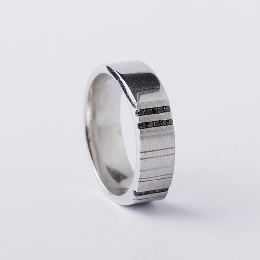 White Gold and Black Diamond Stripe Band